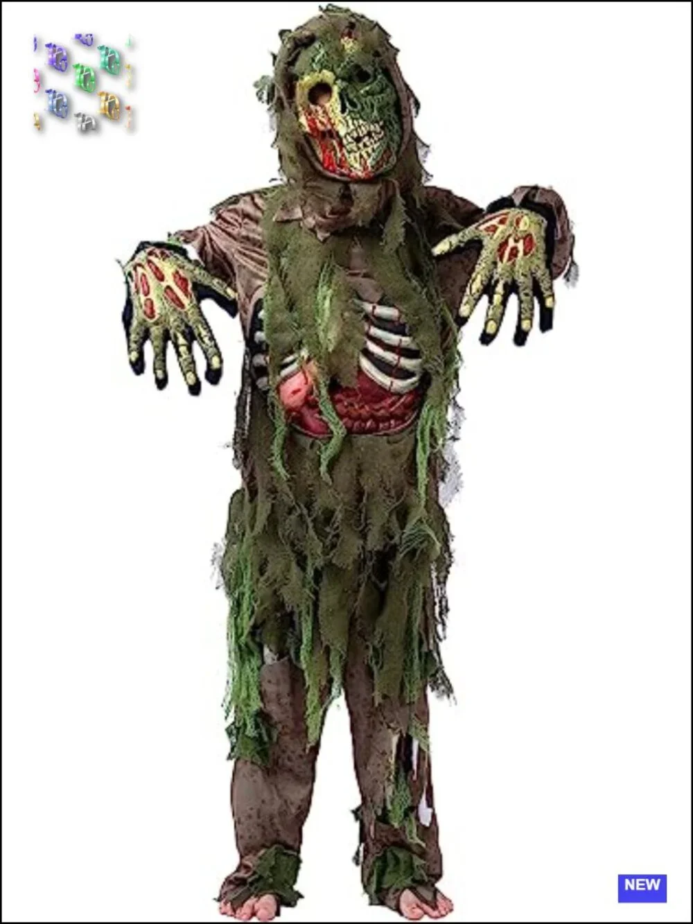 Kids Halloween Zombie Costume Set 4pc Long Sleeve Hooded Mask Gloves